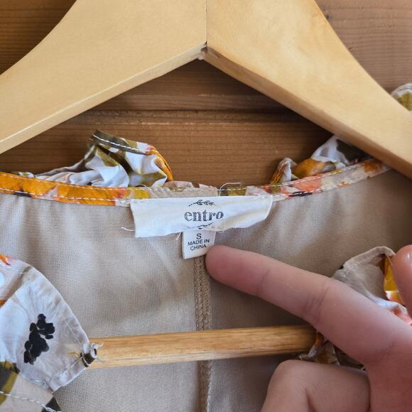 Entro Floral Mini Dress Boho Puff Sleeve Ruffled Vneck Scallop Prairie S Garden - Picture 5 of 5